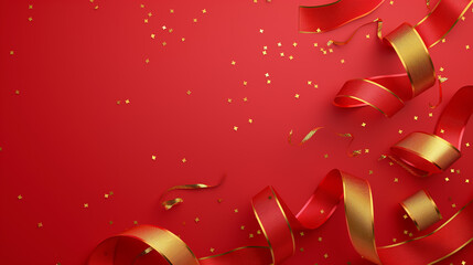 Celebration banner. Confetti glitter and ribbon over red background with copy space. Generative AI.