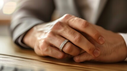 Close-up of hands with a wedding ring on, resting on a wooden table. The image conveys a sense of introspection and thoughtfulness. Perfect for use in business or relationship-themed content. AI.