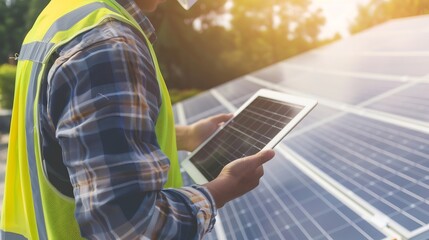 Sticker - Construction worker tablet and portrait of man with research and digital data for solar panel installation Happy engineer and male contractor with eco and energy project with tech and  : Generative AI