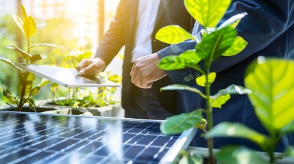 Fototapete - Solar panels green energy Business people working in green eco friendly office business meeting creative ideas for business eco friendly professional teaching corporate people sustaina : Generative AI