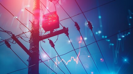 Leinwandbilder - electric pole and red blue light and index number and graph of stock market energy business abstract background : Generative AI