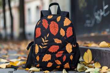 Wall Mural - stylish school backpack with autumn leaves pattern on rustic background