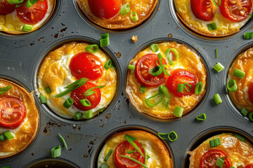 overhead view of savory egg muffins with cherry tomatoes and scallions in a baking tin