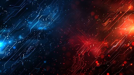Wall Mural - abstract tech circuit board background with vibrant blue and red lights. contrast of technology and 