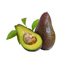 Wall Mural - Cut avocado with green leaf on white background.