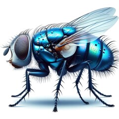 Wall Mural - A blue fly with big eyes and long legs, perched on a surface.

