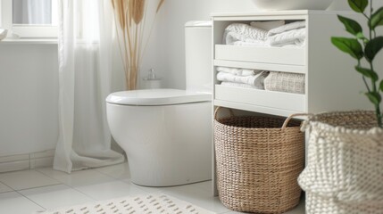 Wall Mural - A bathroom with a white toilet and a basket of towels