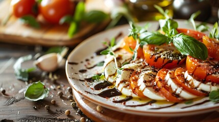 Wall Mural - A beautifully arranged caprese salad with slices of fresh mozzarella, ripe tomatoes, and basil leaves, drizzled with balsamic glaze and olive oil