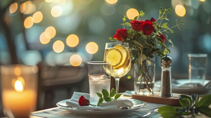 A candlelit dinner for two in a cozy, dimly lit restaurant, with soft music playing in the background and a bouquet of red roses on the table