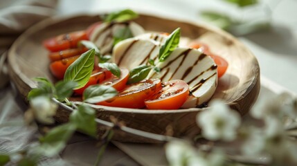 Wall Mural - A classic caprese salad with ripe tomatoes, fresh mozzarella, and basil leaves, drizzled with balsamic glaze, arranged on a rustic wooden platter