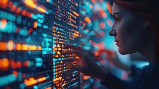 Woman analyzing data on multiple computer screens