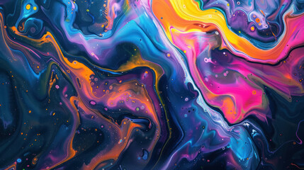 Wall Mural - vibrant fluid art background with swirling neon colors in abstract design, yellow,pink with dominant dark blue