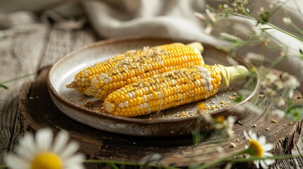Wall Mural - A platter of grilled corn on the cob, slathered in herb butter and sprinkled with cotija cheese, served on a rustic wooden table