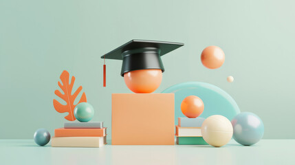 A graduation cap on a desk with books and 3d balls