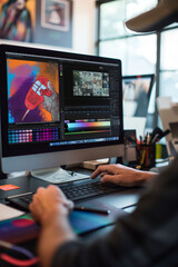 Side view of a graphic designer working in a modern open space office. Profession concept.	
