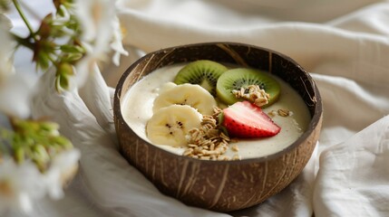 Wall Mural - A vibrant tropical smoothie bowl topped with sliced banana, kiwi, strawberries, and a sprinkle of granola, served in a coconut shell