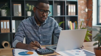 Wall Mural - Male accountant calculates companys financial performance using calculator and laptop software Serious millennial man sitting at desk at his workplace in office Business finance accoun : Generative AI