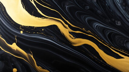 Abstract black and gold liquid marble texture. Swirling paint pattern, artistic background for graphic design. Golden and black liquid art.