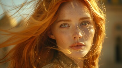 Wall Mural - Woman With Long Red Hair Gazing Off Camera in Golden Light