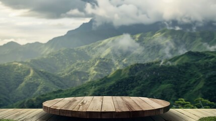 Wall Mural - wooden pedestal on table and green landscape of mountains : generative ai
