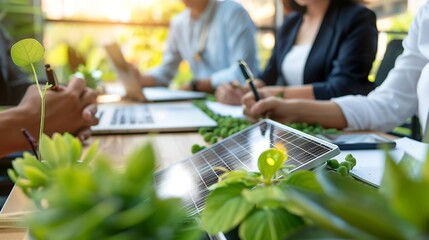 Solar panels green energy Business people working in green eco friendly office business meeting creative ideas for business eco friendly professional teaching corporate people sustaina : Generative AI
