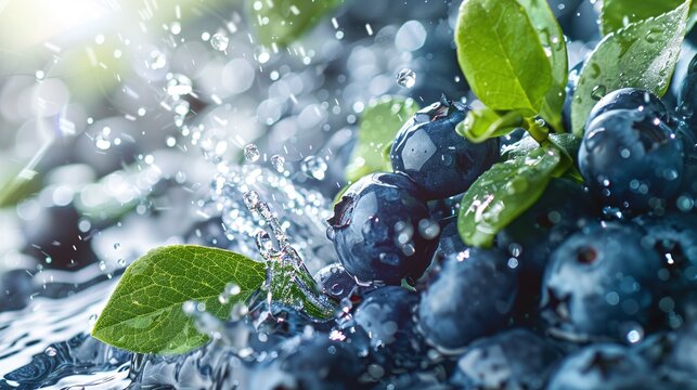 Fresh blueberries with water splashes, surrounded by vibrant green leaves. Dynamic and refreshing, perfect for food and nutrition themes.