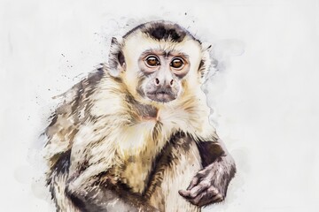 Watercolor Portrait of Capuchin Monkey Conveying Curiosity with Ample Copy Space