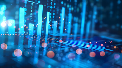 A blurred background with a blue finance graph and investment bar, showcasing growth and success in the market with technology currency reports chart. Business stock world economy AI computer