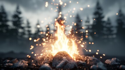 Bright campfire casting a warm glow under a dark, moody night sky, sparks ascending, the dynamic scene showcases the fire's intensity against the serene forest