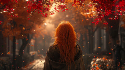 Wall Mural - style redhead girl at beautiful autumn alley