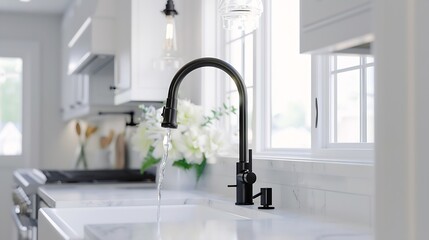 Poster - A black faucet in a white kitchen with a white farmhouse sink and chrome light hanging above the marble countertop : Generative AI