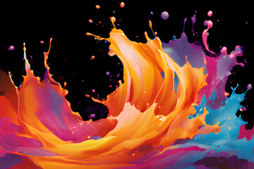 Poster - A dynamic splash of color explodes across a dark background, creating a mesmerizing flow of abstract shapes. The vibrant hues and blurred motion evoke a sense of energy and movement.