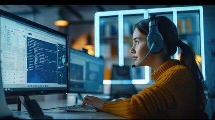 Wall Mural - Focused female programmer coding on multiple computer screens in a modern office environment with headphones on.