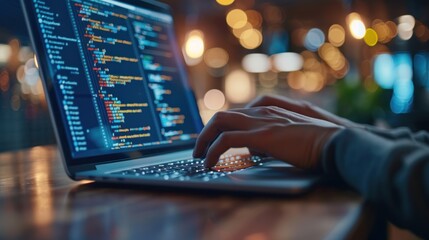Person coding on a laptop with colorful code, surrounded by a bokeh background of lights for a focused and creative tech work environment.
