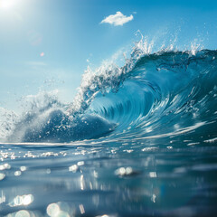 A gentle ocean wave glistening in the sunlight, depicting the calm and serene nature of the sea under a bright and clear sky, a beautiful seascape.