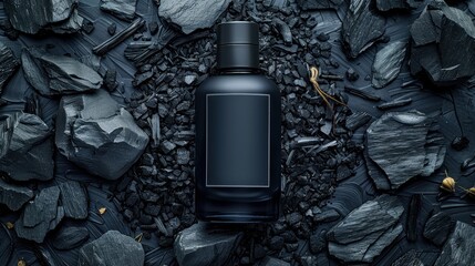 A sleek black perfume bottle artfully placed on a bed of dark shale rocks. The minimalist design and contrasting texture exude an aura of sophistication and elegance.