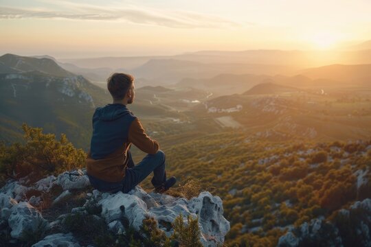 Man enjoying scenic view in remote hilly landscape at sunset.