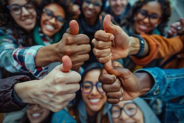 Multi-ethnic group of people holding each other thumbs forming circle, laughing and some wearing eyeglasses.