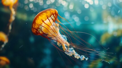 A photo of Chrysaora quinquecirrha jellyfish or jelly fish taken in aquarium the jelly fish is also known as Atlantic sea nettle or east coast sea nettle : Generative AI