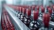 © JP STUDIO LAB - Conveyor belts in a wine factory filled with red wine bottles, precise filling process, stainless steel machines, ultra-realistic, hyper-detailed textures