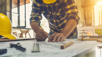 Fototapete - Architect or engineer working on building blueprint contractor designing and drawing blueprint layout with tool for construction project Civil engineer and architecture design concept  : Generative AI
