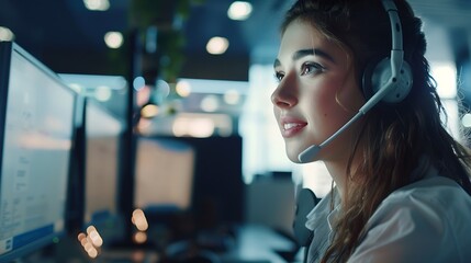 Leinwandbilder - Young friendly operator woman agent with headsets working  by virsual screen with AI  business woman smile  concept for service mind in call centerHelp deskCall center : Generative AI