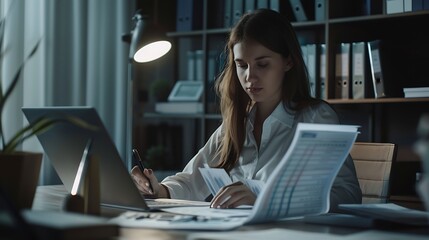 Leinwandbilder - Business woman accountant working in office checking financial accounts and allocating company budgets : Generative AI