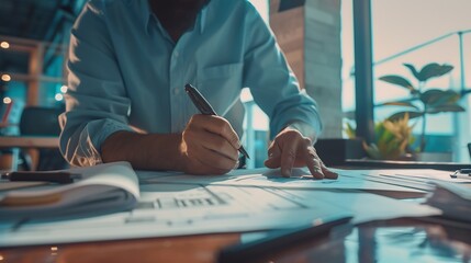 Poster - Interior designer working in office Architect in formal wear holding pen drawing building plan at workplace : Generative AI