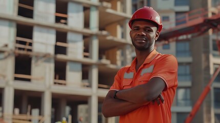 Aufkleber - Portrait of Male black civil engineer contractor foreman or worker construction in uniform wearing helmet safety standing on construction site Posing with arms crossed look at camera a : Generative AI