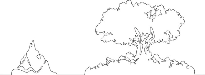 Wall Mural - High mountain. Beautiful lonely tree on the shore. Rocky island. Mountain near a lake. Landscape. One continuous line drawing on a white isolated background. Minimalism linear illustration.