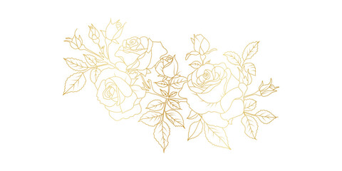  Golden rose flowers line art isolated on white background. Luxury roses floral design elements for invitation, wedding, wallpaper, print template, vector illustration