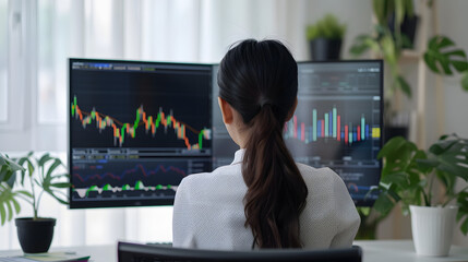 asian businesswoman sits behind a desk looking at a monitor with a stock market graph tracking market prices. big data analysis helps business in modern business office isolated on white background,