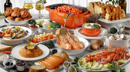 Wall Mural - Variety of appetizers on buffet table in restaurant, closeup