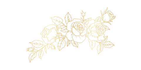 Poster - Golden rose flowers line art isolated on white background. Luxury roses floral design elements for invitation, wedding, wallpaper, print template, vector illustration